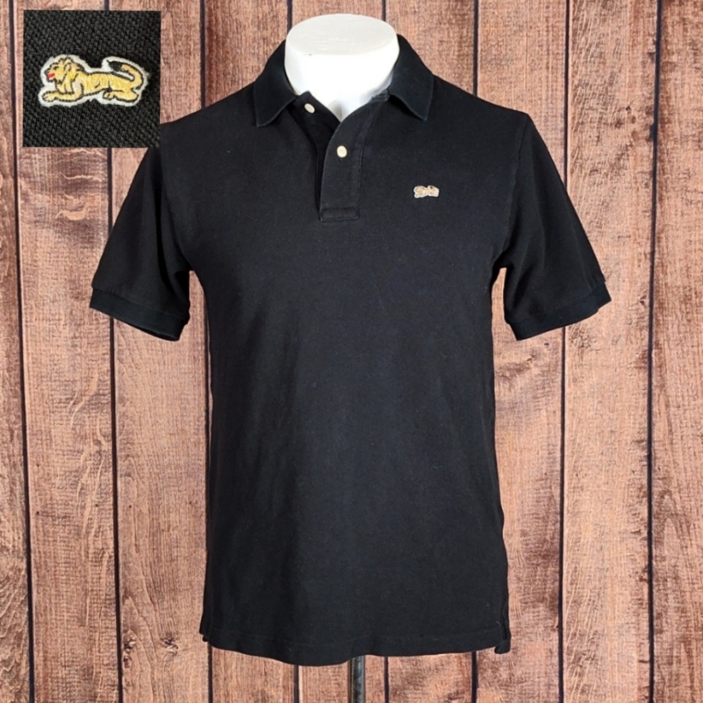 Vtg LION Brand Mens Black Mesh Knit Cotton Polo With Gold Lion Patch